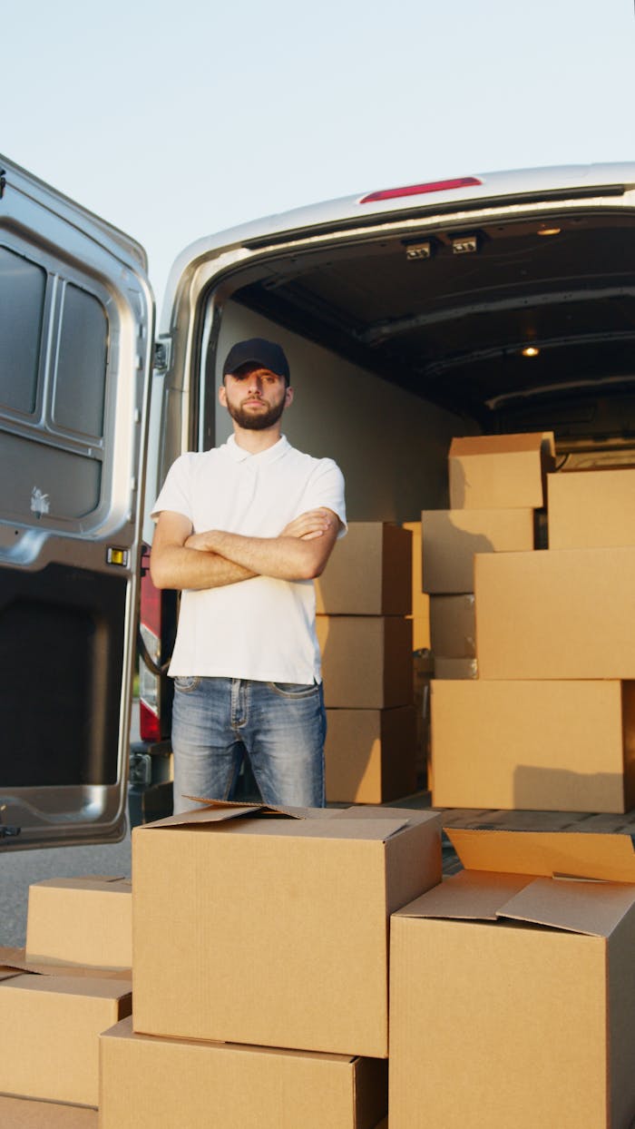 Courier standing in front of a delivery van filled with packages, arms crossed.